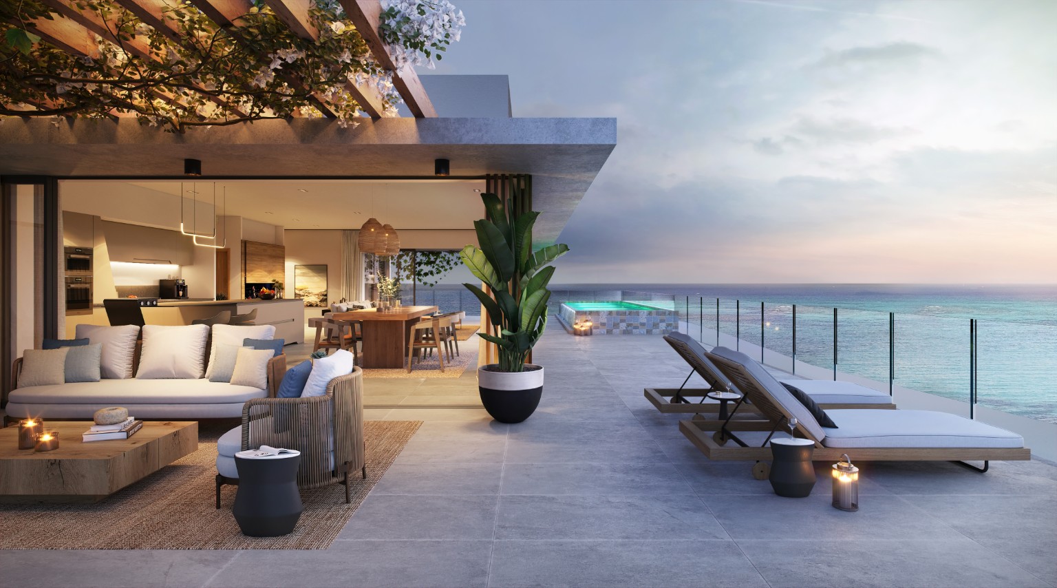 Terrasse avec piscine face à la mer
